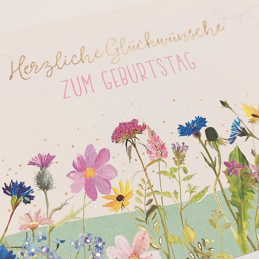 Geburtstagskarte mit Blumenwiese und Herzliche Glückwünsche zum Geburtstag farbenfrohe Doppelkarte für persönliche Geburtstagsgrüße