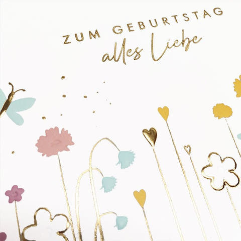 Geburtstagskarte mit Blumenwiese und Schmetterling zartes Design Glückwunschkarte Geburtstag alles Liebe pastellfarben