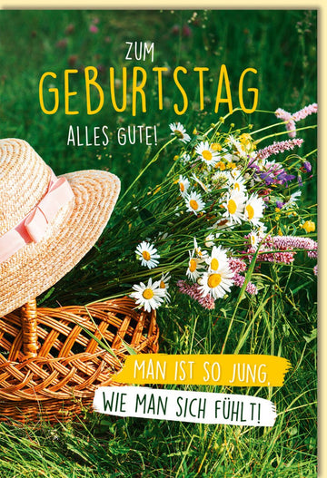Geburtstagskarte mit Blumenwiese und Strohhut fröhliche Glückwunschkarte zum Geburtstag für Frauen und Männer hochwertige Doppelkarte