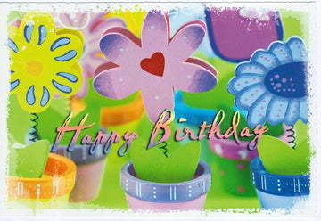 Geburtstagskarte mit bunten Blumen im Topf und Herzmotiv fröhliche Glückwunschkarte zum Geburtstag für Blumengrüße und liebe Wünsche