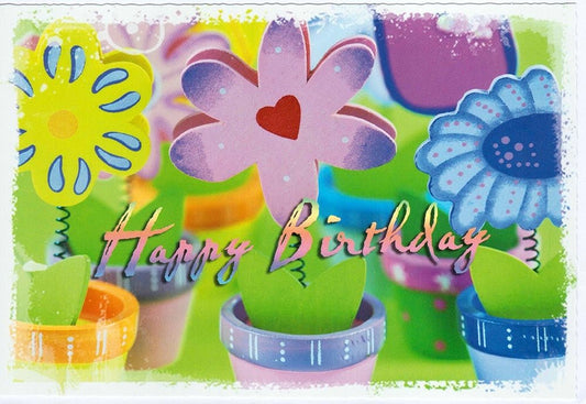 Geburtstagskarte mit bunten Blumen im Topf und Herzmotiv fröhliche Glückwunschkarte zum Geburtstag für Blumengrüße und liebe Wünsche