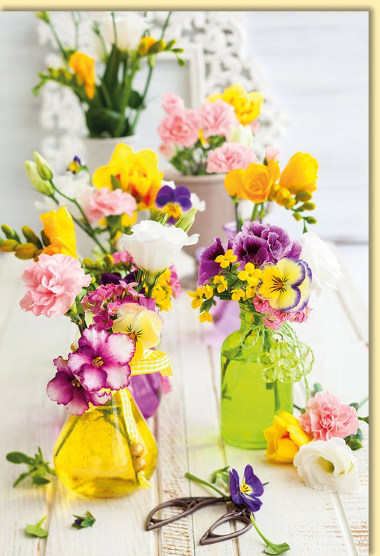 Geburtstagskarte mit bunten Blumen in Vasen fröhliche Blumengrüße auf hochwertigem Karton liebevolle Doppelkarte für besondere Anlässe
