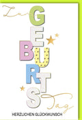 Geburtstagskarte mit bunten Buchstaben - Fröhliche Grußkarte für Freunde & Familie, Pastellgelb mit Sternen, Perfekt für Kinder & Erwachsene Feiern