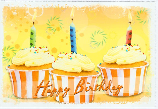 Geburtstagskarte mit bunten Cupcakes und Kerzen fröhliche Glückwunschkarte Geburtstag liebevoll gestaltet für Geburtstagsgrüße