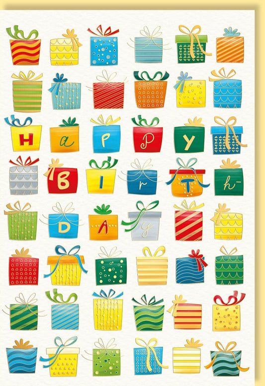 Geburtstagskarte mit bunten Geschenken und Happy Birthday Schriftzug, ideal für persönliche Geburtstagsgrüße, inklusive hochwertigem Umschlag