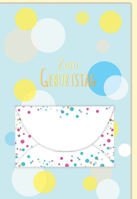 Geburtstagskarte mit bunten Kreisen und Schriftzug auf hellblauem Hintergrund, inklusive passendem Umschlag für Geldgeschenke