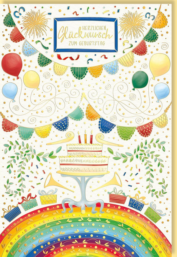 Geburtstagskarte mit bunten Luftballons, Regenbogen und Torte - aufwendig gestaltet mit Feuerwerk und Geschenken