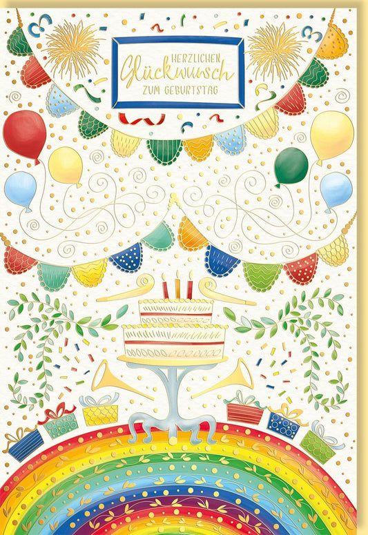 Geburtstagskarte mit bunten Luftballons, Regenbogen und Torte - aufwendig gestaltet mit Feuerwerk und Geschenken