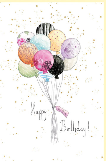 Geburtstagskarte mit bunten Luftballons und Goldakzenten liebevoll illustriert für besondere Glückwünsche zum Geburtstag