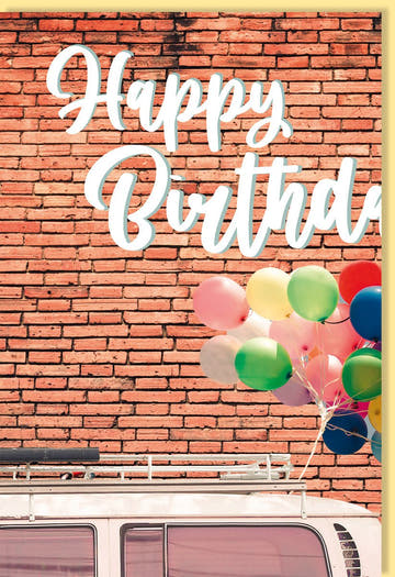 Geburtstagskarte mit bunten Luftballons und Retro - Bus vor Backsteinwand fröhliche Glückwunschkarte zum Geburtstag für Freunde