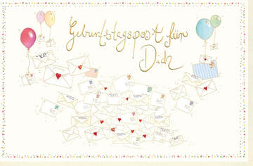 Geburtstagskarte mit bunten Luftballons und vielen liebevoll illustrierten Briefumschlägen Geburtstagsgrußkarte für besondere Wünsche