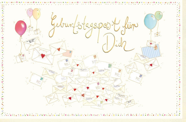 Geburtstagskarte mit bunten Luftballons und vielen liebevoll illustrierten Briefumschlägen Geburtstagsgrußkarte für besondere Wünsche