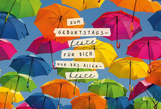 Geburtstagskarte mit bunten Regenschirmen – Fröhliche Grüße für einen besonderen Tag