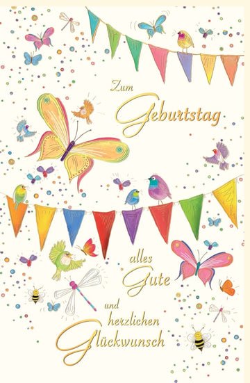 Geburtstagskarte mit bunten Schmetterlingen und fröhlichen Vögeln auf Wimpelgirlande alles Gute herzlichen Glückwunsch zum Geburtstag