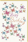 Geburtstagskarte mit bunten Schmetterlingen und Happy Birthday Schriftzug auf edlem Papier für herzliche Geburtstagswünsche