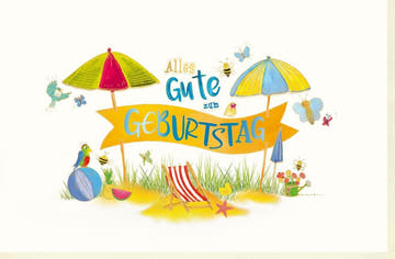 Geburtstagskarte mit bunten Sonnenschirmen und fröhlichen Tieren Alles Gute zum Geburtstag Doppelkarte für Kinder und Erwachsene