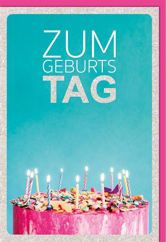 Geburtstagskarte mit bunter Torte, Kerzen und Glitzerrahmen – Perfekt für persönliche Geburtstagsgrüße