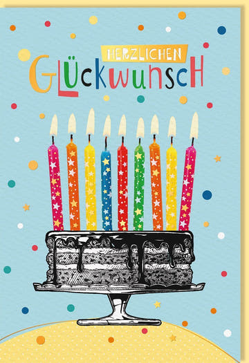 Geburtstagskarte mit bunter Torte und Kerzen - Fröhliche Illustration für Kinder & Erwachsene, Einladung zur Party, Blaue Papeterie Schreibwaren