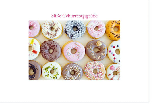Geburtstagskarte mit Donut - Motiv – Bunte Karte für Süßwarenfans, Lustige Glückwünsche für die Geburtstagsfeier, Leckeres Party - Design