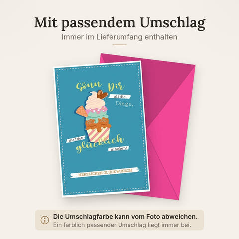 Geburtstagskarte mit Eiscreme-Motiv und farbenfrohem Design – Gönn Dir alles, was Dich glücklich macht! Herzliche Glückwünsche.