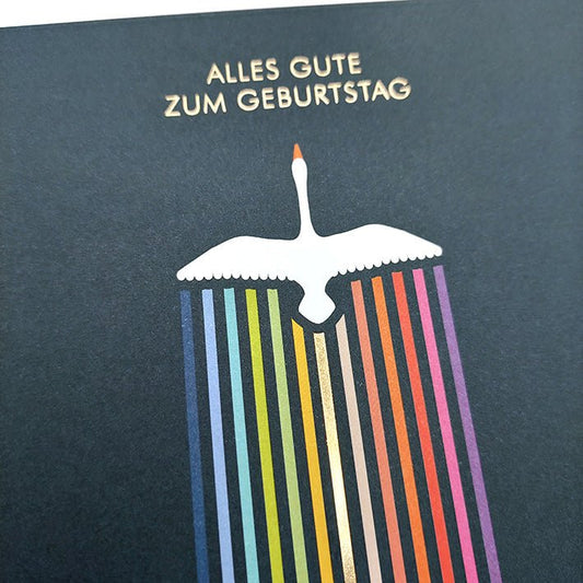 Geburtstagskarte mit elegantem Schwan und Regenbogenstreifen modern farbenfroh Glückwunschkarte Geburtstag stilvoll Klappkarte