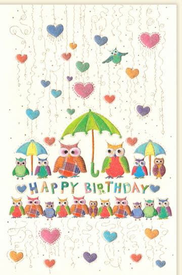 Geburtstagskarte mit Eulen - Design: Farbenfrohe Happy Birthday Illustration, Herzchen & Konfetti – Hochwertige Glückwunschkarte