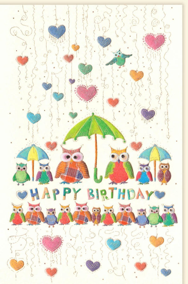 Geburtstagskarte mit Eulen-Design: Farbenfrohe Happy Birthday Illustration, Herzchen & Konfetti – Hochwertige Glückwunschkarte