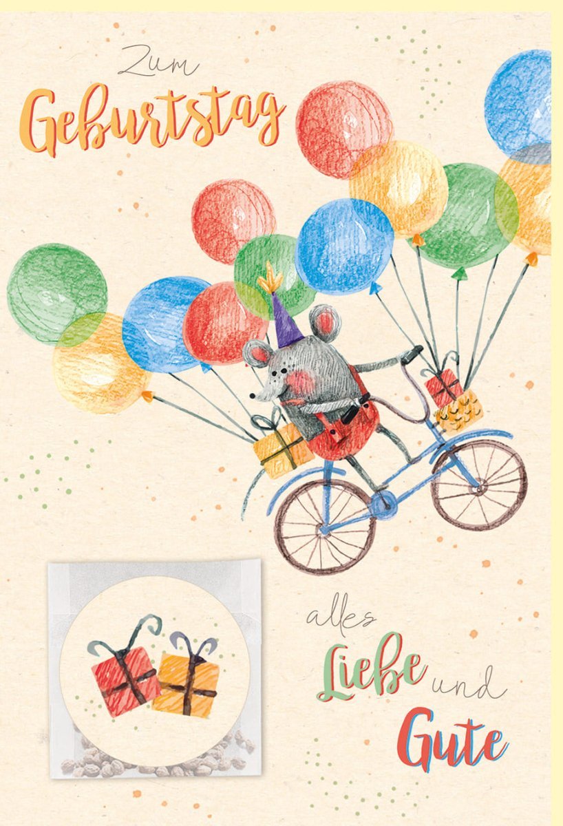 Geburtstagskarte mit Fahrrad & Luftballons - Nachhaltige Glückwünsche auf Zuckerrohrpapier, Inkl. Samen & Aufkleber, Fröhliches Orange für Jung & Alt