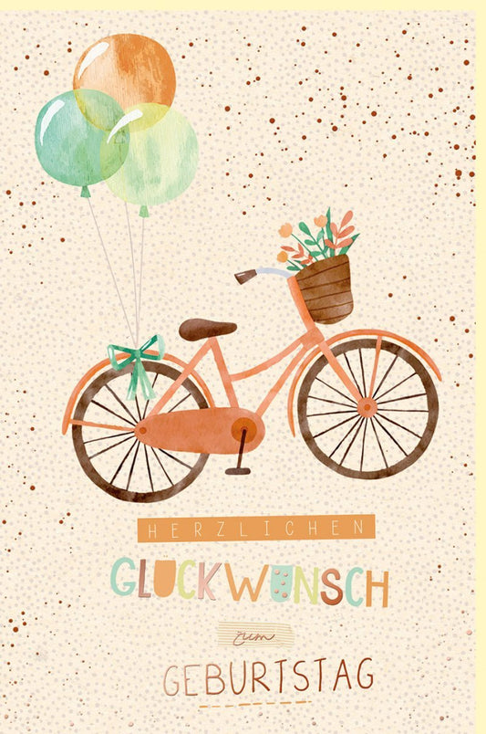 Geburtstagskarte mit Fahrrad und Ballons – Vintage Design auf Zuckerrohrpapier, Farbenfrohe Glückwünsche für besondere Anlässe