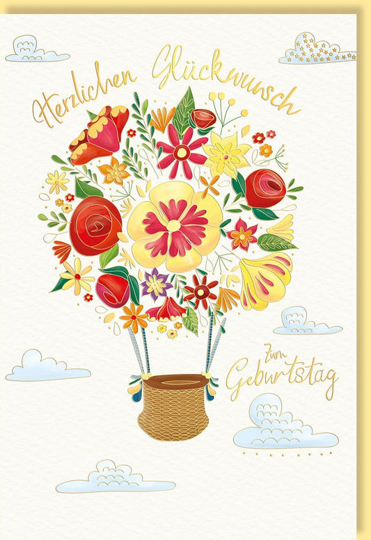 Geburtstagskarte mit farbenfrohem Blumenstrauß im Heißluftballon - Design auf edlem Papier