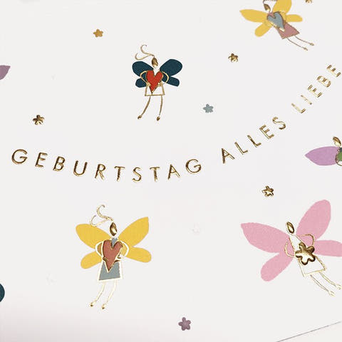 Geburtstagskarte mit Feenmotiv und goldener Schrift zum Geburtstag alles Liebe zauberhafte Glückwunschkarte für Kinder und Erwachsene