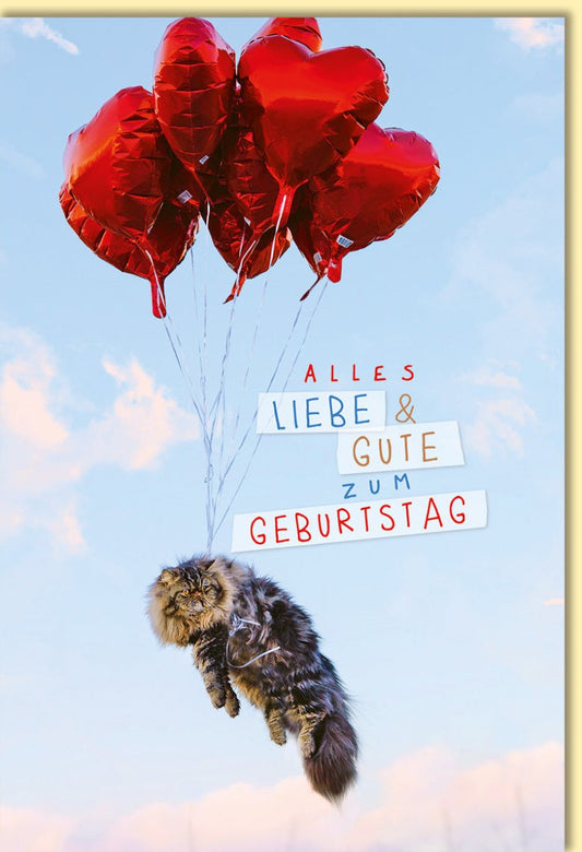 Geburtstagskarte mit fliegender Katze und roten Herzballons Alles Liebe und Gute zum Geburtstag witzige Glückwunschkarte