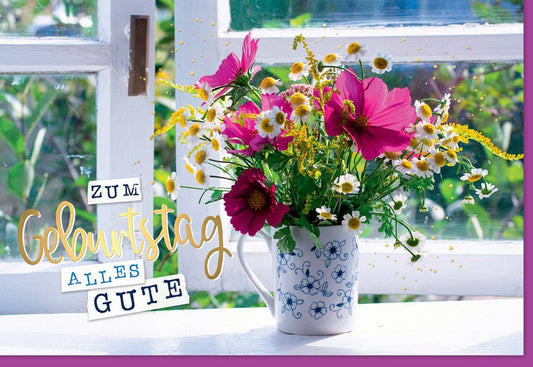 Geburtstagskarte mit fröhlichem Blumenmotiv - Bunte Tasse auf Fensterbank, Alles Gute!