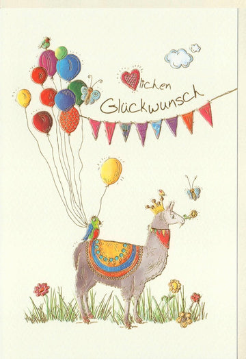 Geburtstagskarte mit fröhlichem Lama & Ballons – Bunte Blumen und Wimpelkette für herzliche Glückwünsche