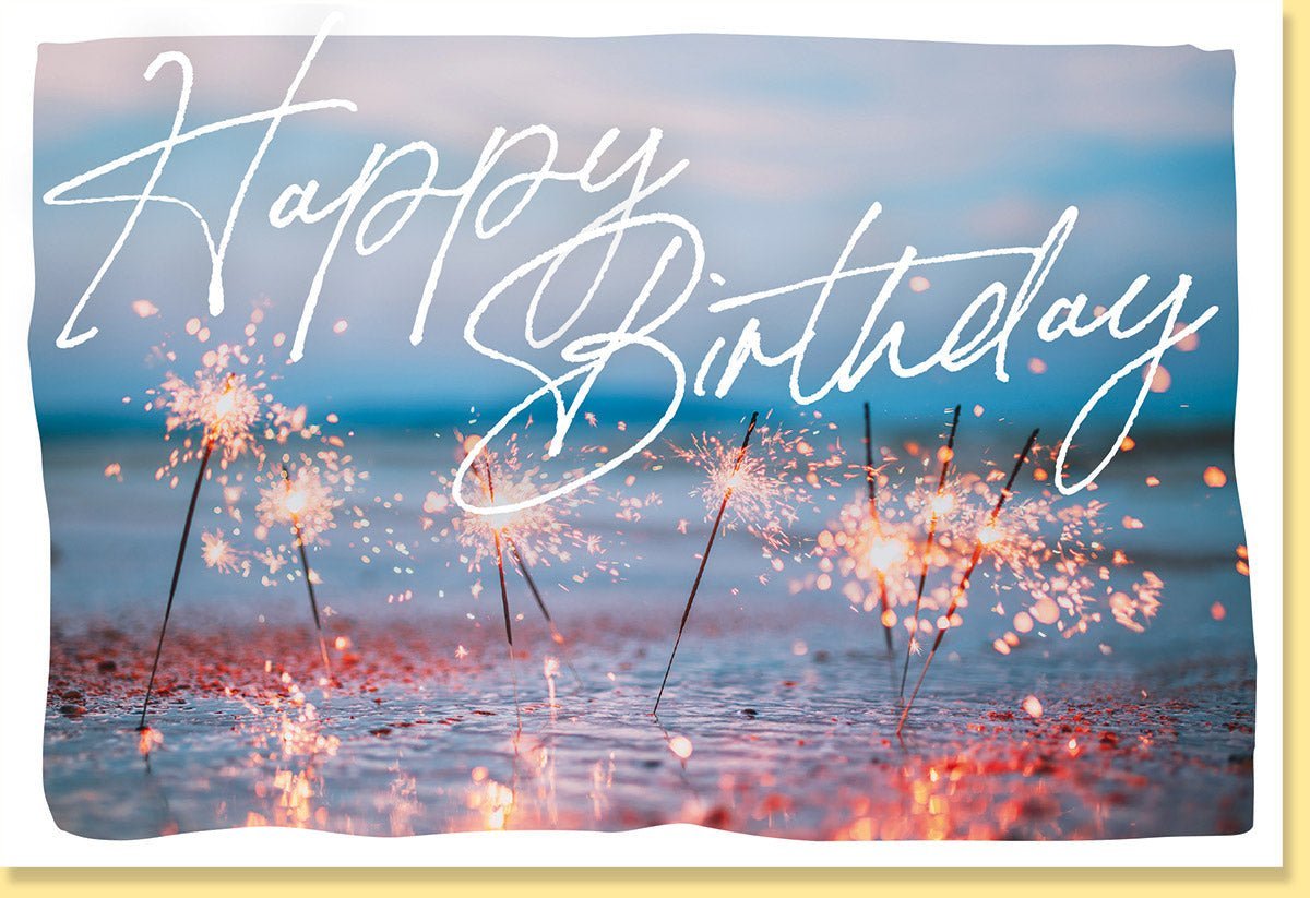 Geburtstagskarte mit funkelndem Wunderkerzen - Design | Glitzernde Glückwünsche für Erwachsene & Jugendliche | Blau - Oranger Schriftzug