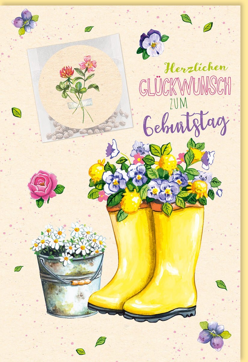 Geburtstagskarte mit Gelben Gummistiefeln und Blumenstrauß in Rosa und Lila, Herzlichen Glückwunsch