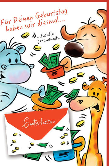 Geburtstagskarte mit Geldfach – Lustige Comic - Tiere: Giraffe, Nilpferd & Hund, Humorvolle Karte für Bargeld oder Gutschein als originelles Geschenk