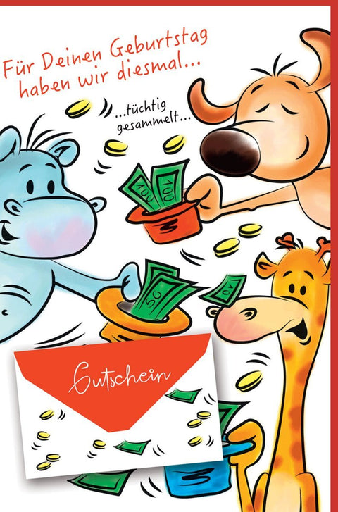 Geburtstagskarte mit Geldfach – Lustige Comic - Tiere: Giraffe, Nilpferd & Hund, Humorvolle Karte für Bargeld oder Gutschein als originelles Geschenk