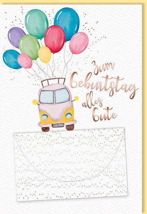 Geburtstagskarte mit Geldgeschenk - Funktion - Fröhliche Bus & Luftballons Motive auf Naturkarton, Kreative Geschenkidee für Kinder & Erwachsene