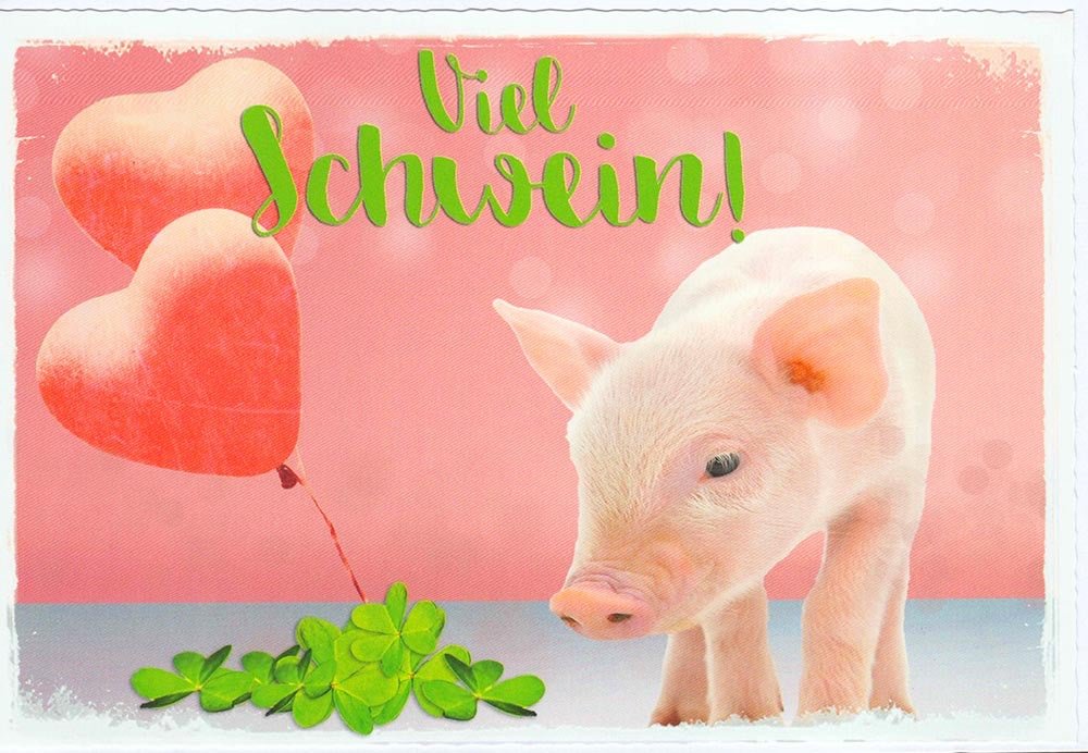 Geburtstagskarte mit Glücksschwein und Kleeblatt auf rosa Hintergrund süße Grußkarte mit Herzballons für Glückwünsche zum Geburtstag