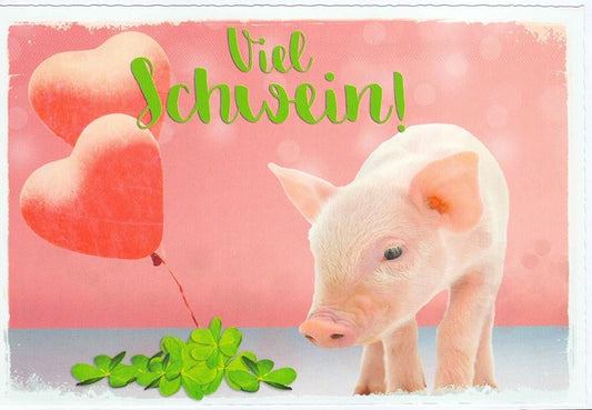 Geburtstagskarte mit Glücksschwein und Kleeblatt auf rosa Hintergrund süße Grußkarte mit Herzballons für Glückwünsche zum Geburtstag
