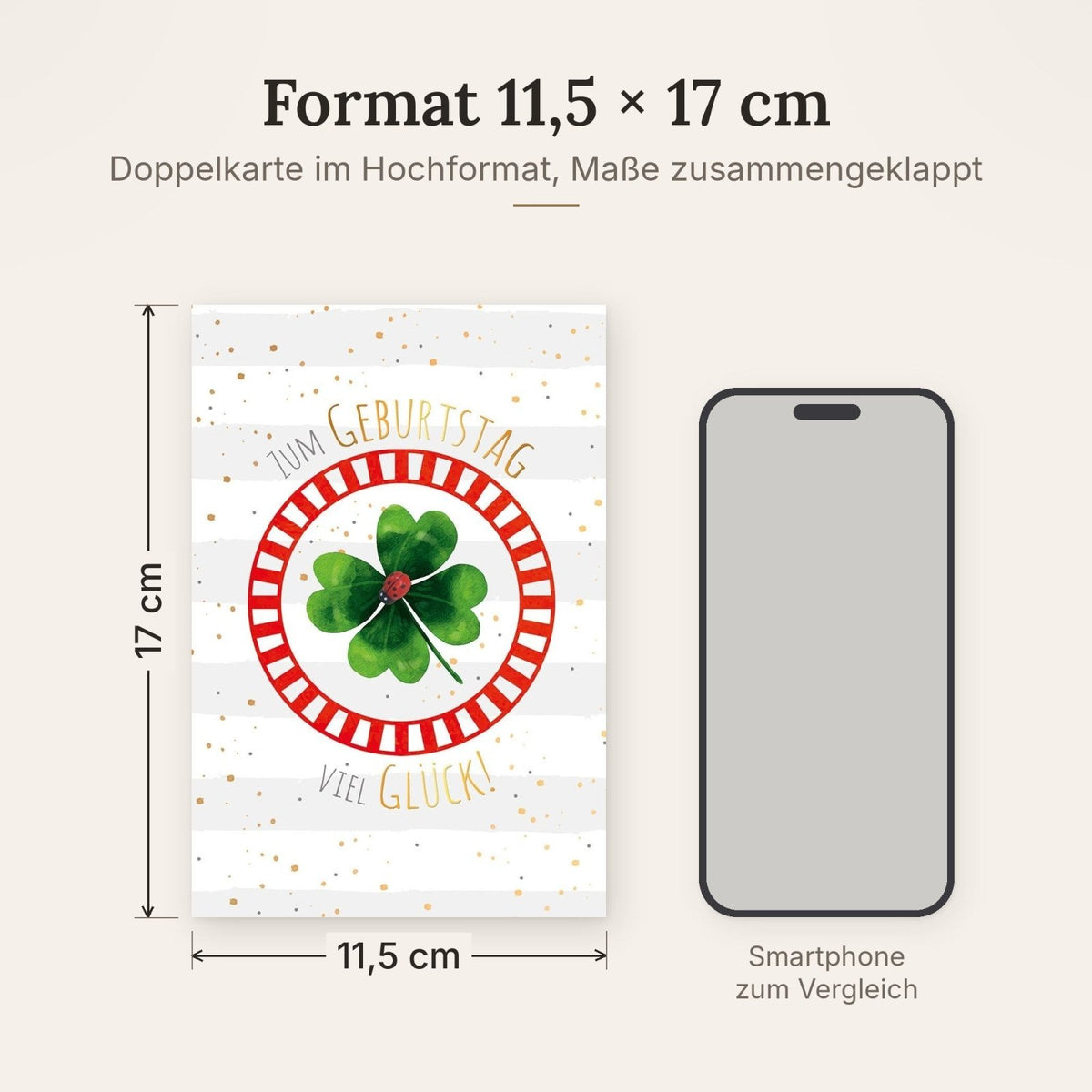 Geburtstagskarte mit Goldfolie: Elegante Glücksmotive Marienkäfer & Kleeblatt, Stilvoll für Erwachsene & Kinder