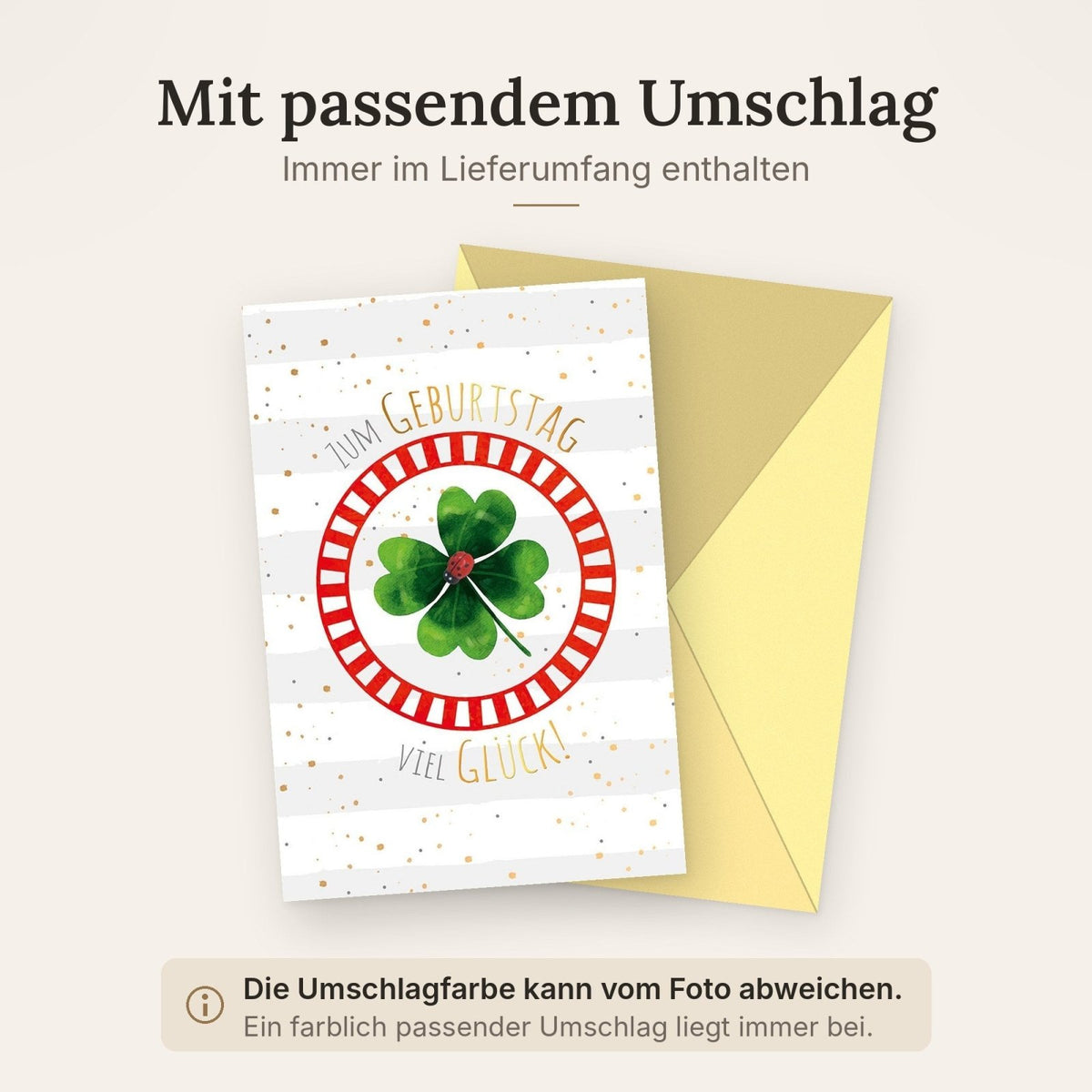 Geburtstagskarte mit Goldfolie: Elegante Glücksmotive Marienkäfer & Kleeblatt, Stilvoll für Erwachsene & Kinder