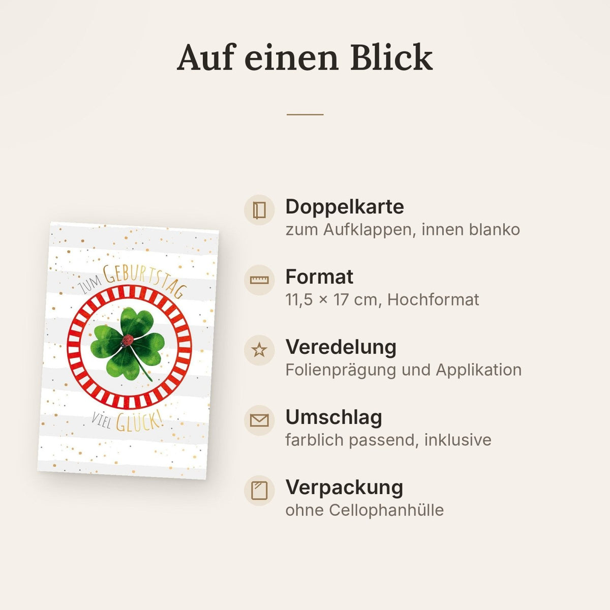 Geburtstagskarte mit Goldfolie: Elegante Glücksmotive Marienkäfer & Kleeblatt, Stilvoll für Erwachsene & Kinder