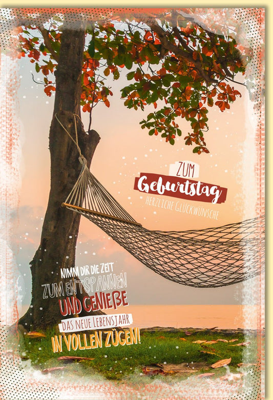 Geburtstagskarte mit Hängematte und Baum am See für entspannte Glückwünsche zum Geburtstag stimmungsvolle Doppelkarte