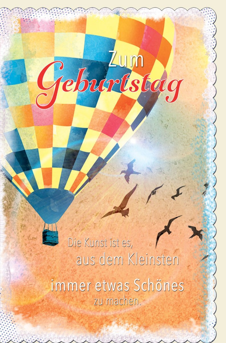Geburtstagskarte mit Heißluftballon & Vögeln – Vintage - Design, Wellenrand, Inspirierendes Zitat