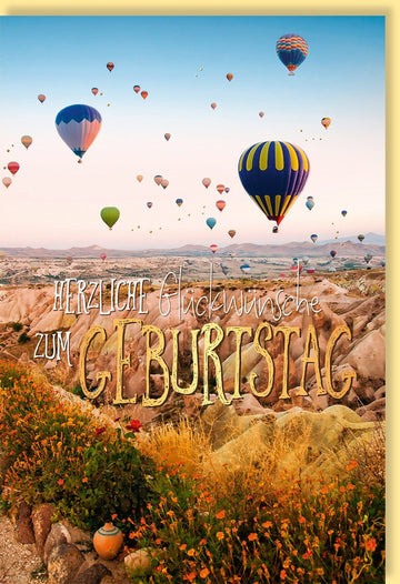 Geburtstagskarte mit Heißluftballons - Goldene Glückwünsche, Abenteuer im Himmel, Buntes Ballonmotiv für Groß und Klein in warmen Orangetönen