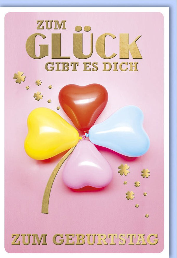 Geburtstagskarte mit Herz-Luftballons und goldenen Blumen auf rosa Hintergrund