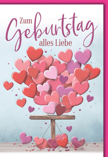Geburtstagskarte mit Herz - Motiv: Bunte Herzballons in Rosa und Rot, liebevolle Botschaft für Freunde