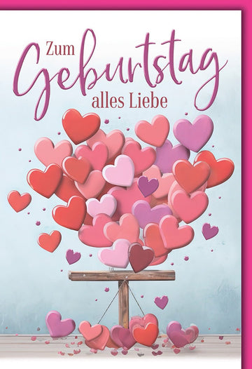 Geburtstagskarte mit Herz - Motiv: Bunte Herzballons in Rosa und Rot, liebevolle Botschaft für Freunde